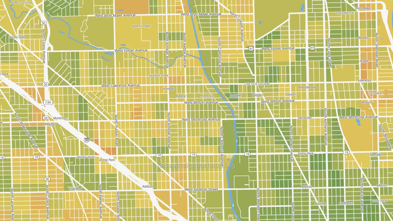 Map of the best neighborhoods in the Ravenswood Manor, Chicago area, with better matches in green and worse matches in red