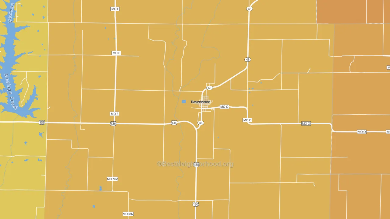Map of the best neighborhoods in the Ravenwood area, with better matches in green and worse matches in red