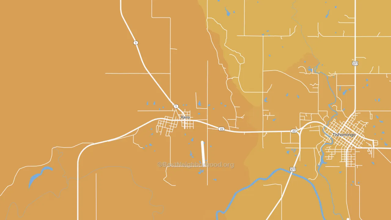 Map of the best neighborhoods in the Ravia area, with better matches in green and worse matches in red