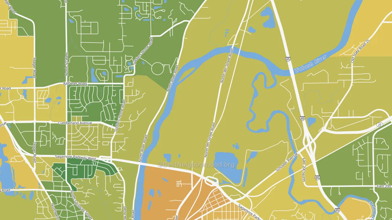 Map of the best neighborhoods in the Ravinamy area, with better matches in green and worse matches in red