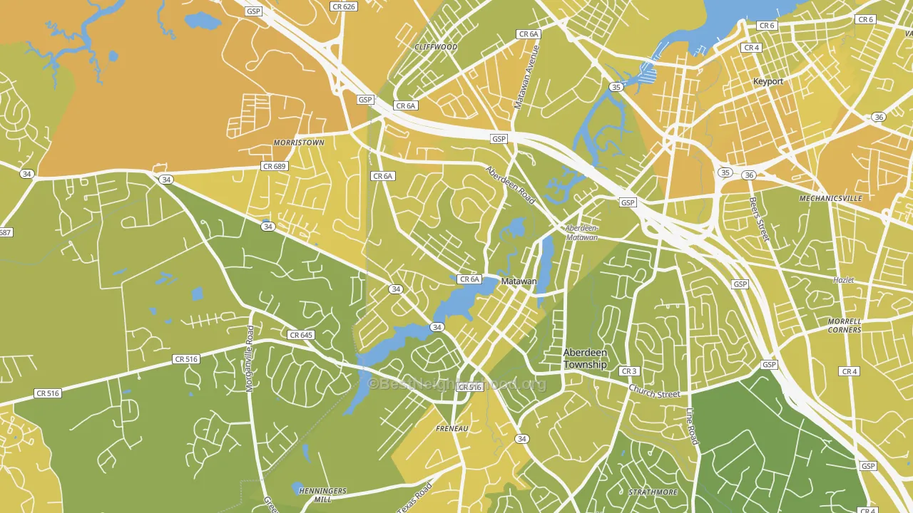 Map of the best neighborhoods in the Ravine Gardens, Matawan area, with better matches in green and worse matches in red