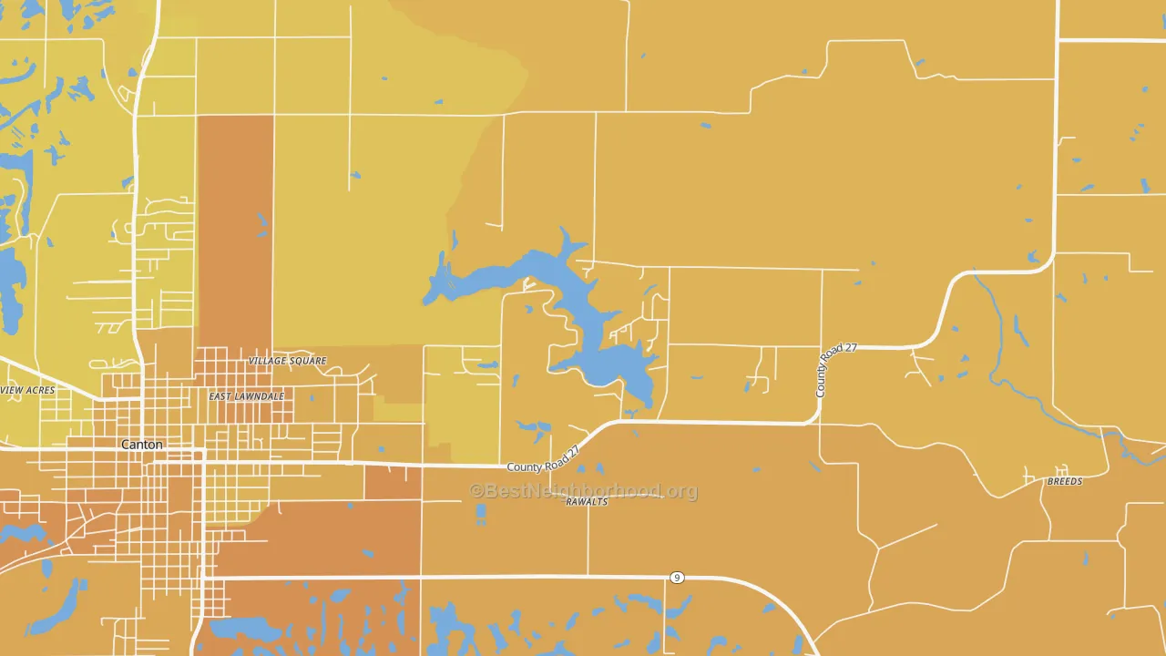 Map of the best neighborhoods in the Rawalts area, with better matches in green and worse matches in red