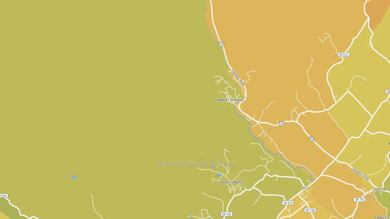 Map of the best neighborhoods in the Rawley Springs area, with better matches in green and worse matches in red