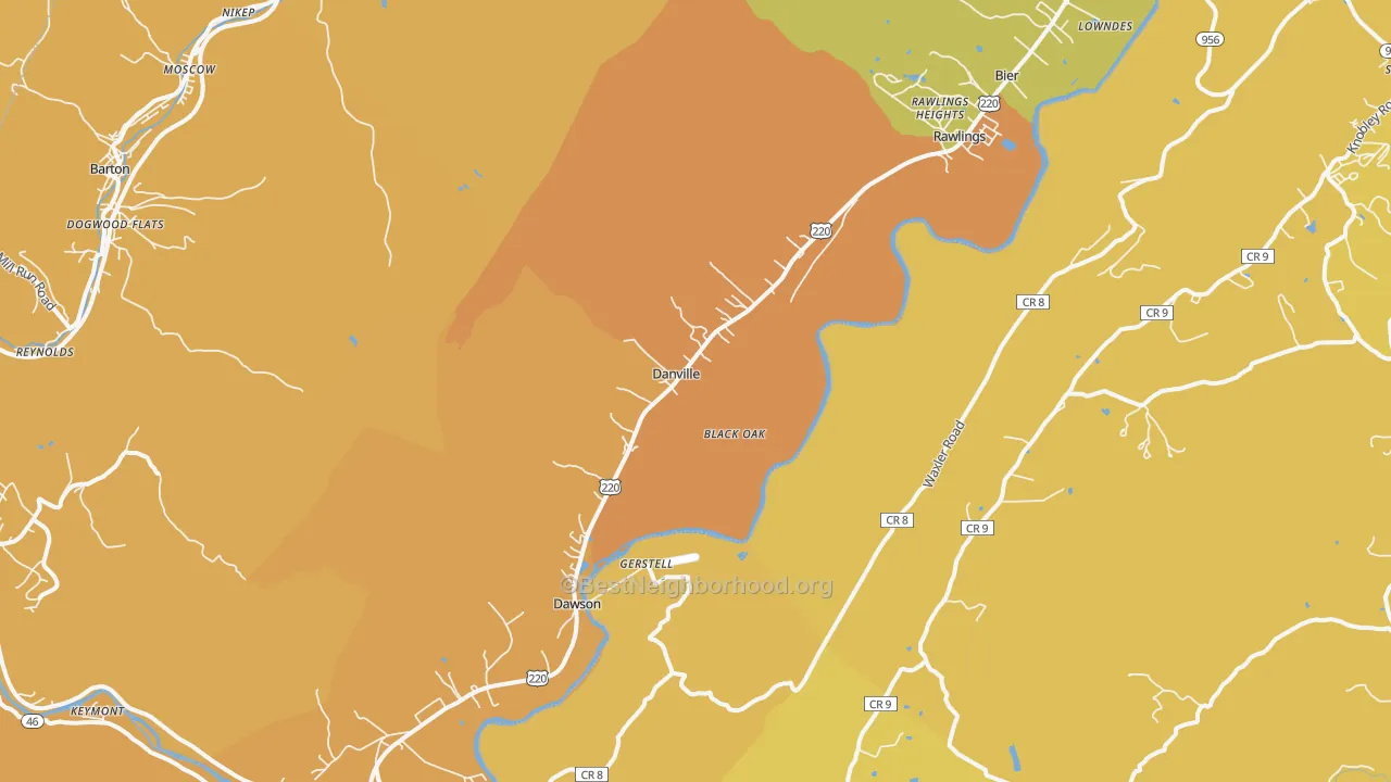 Map of the best neighborhoods in the Rawlings area, with better matches in green and worse matches in red
