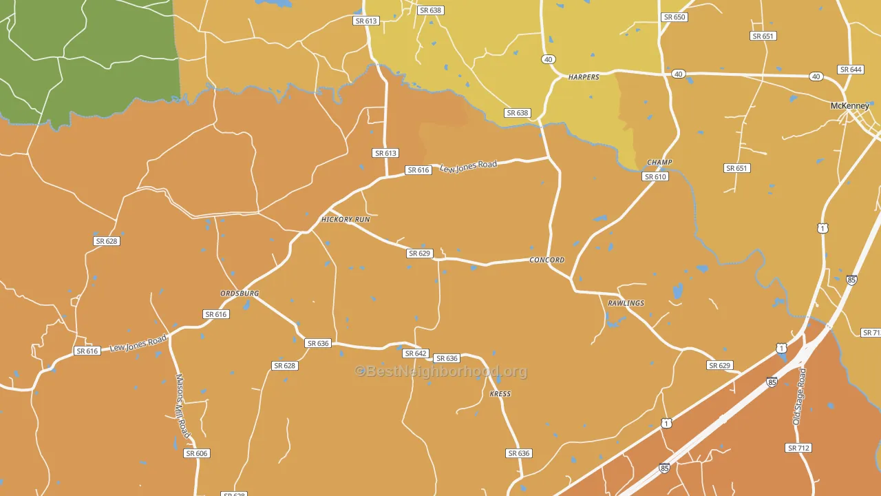Map of the best neighborhoods in the Rawlings area, with better matches in green and worse matches in red