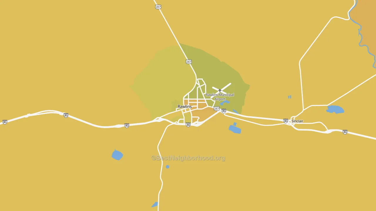 Map of the best neighborhoods in the Rawlins area, with better matches in green and worse matches in red