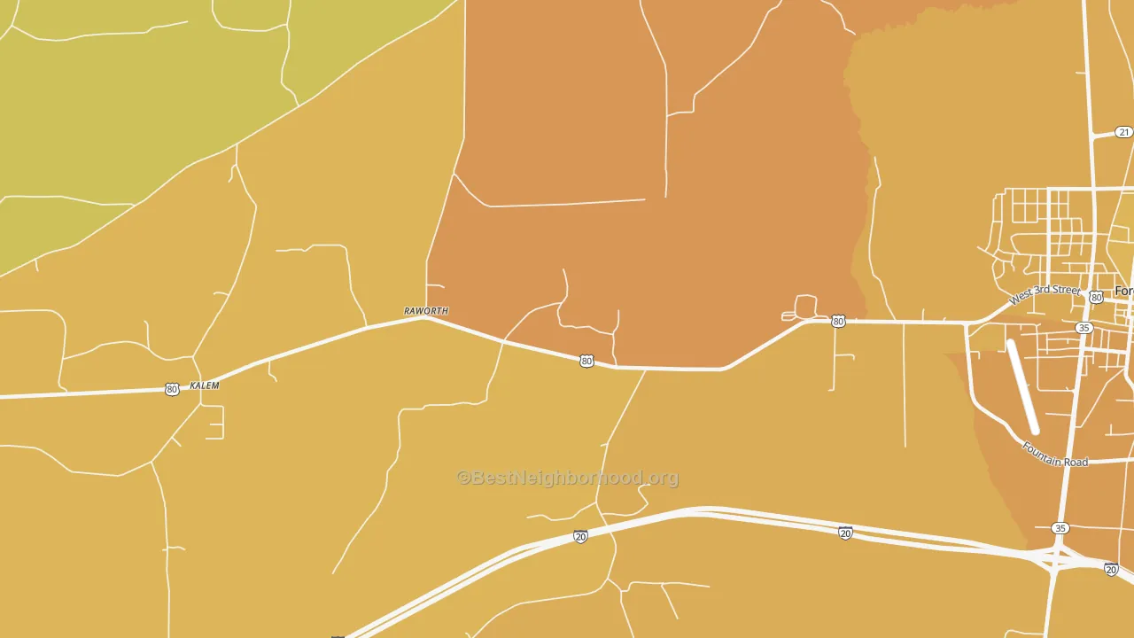 Map of the best neighborhoods in the Raworth area, with better matches in green and worse matches in red