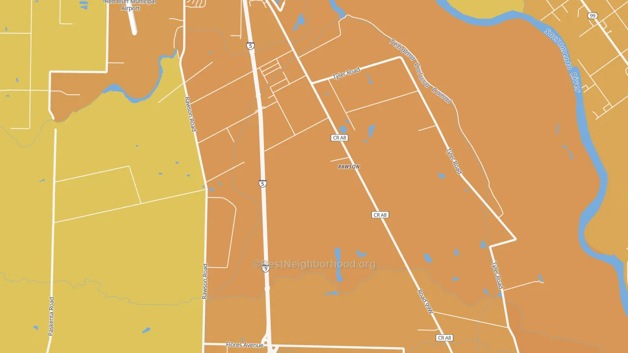 Map of the best neighborhoods in the Rawson area, with better matches in green and worse matches in red