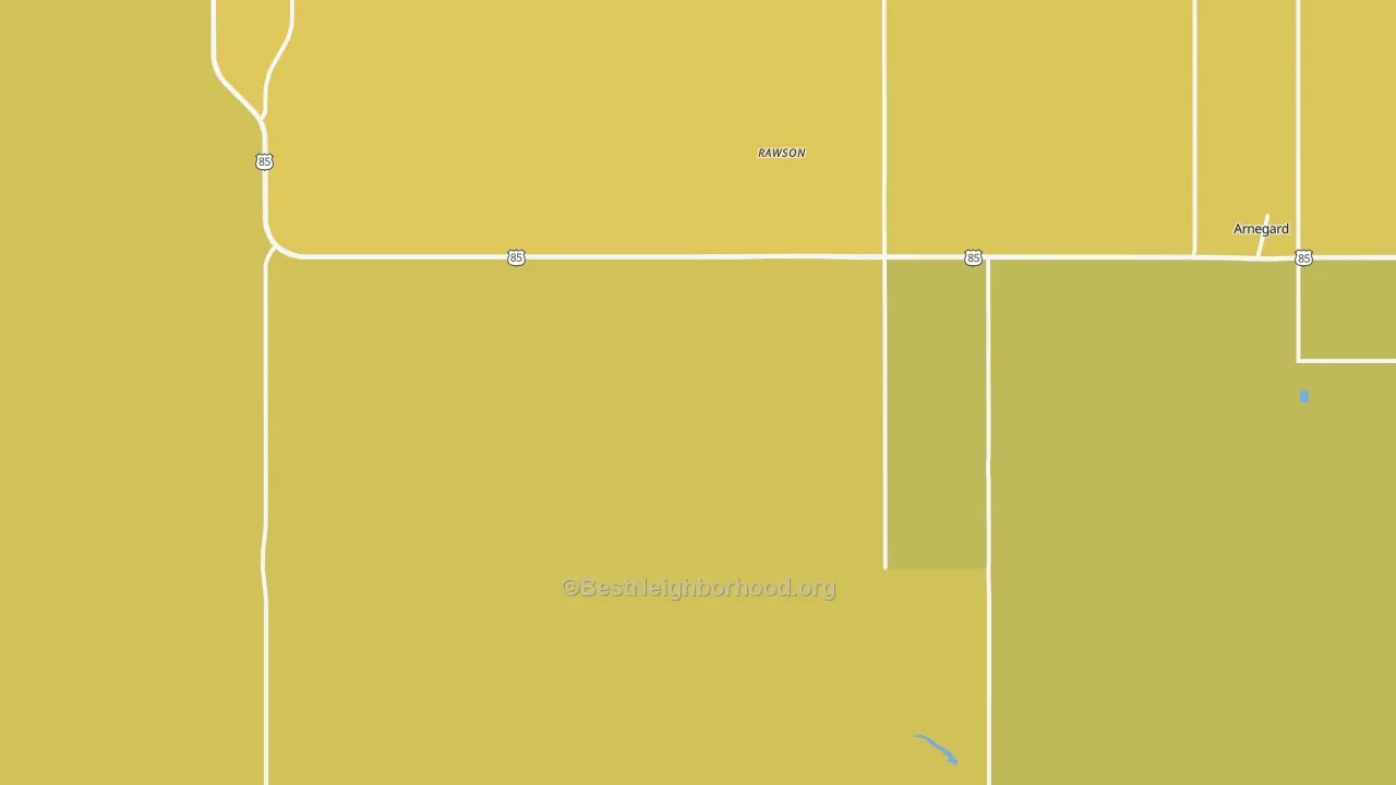 Map of the best neighborhoods in the Rawson area, with better matches in green and worse matches in red