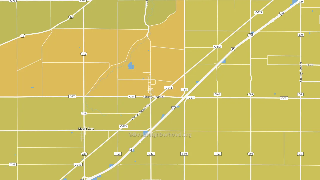 Map of the best neighborhoods in the Rawson area, with better matches in green and worse matches in red