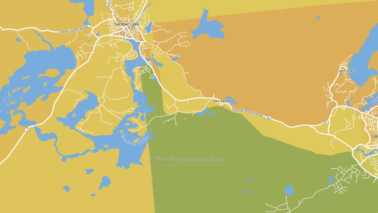 Map of the best neighborhoods in the Ray Brook area, with better matches in green and worse matches in red