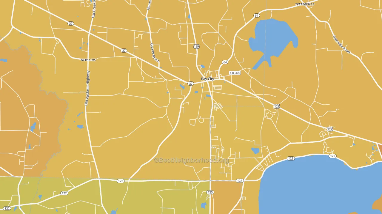 Map of the best neighborhoods in the Ray City area, with better matches in green and worse matches in red