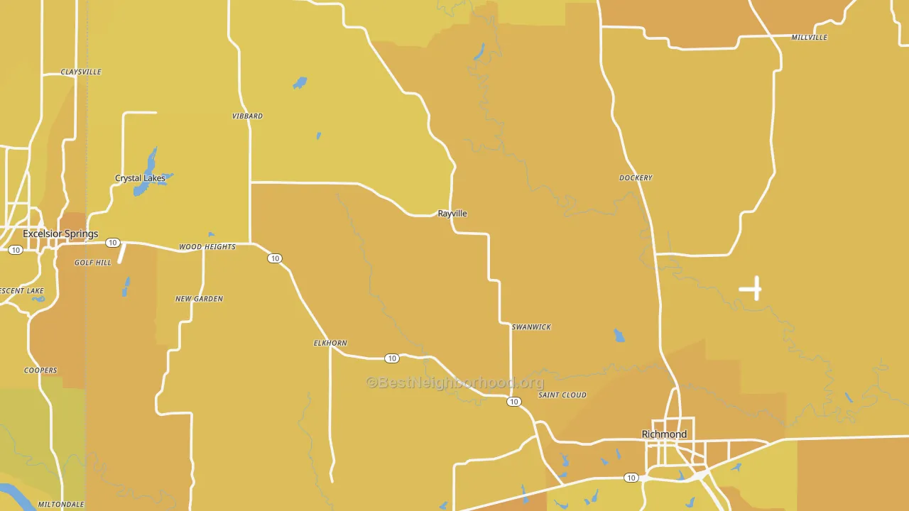 Map of the best neighborhoods in the Ray County area, with better matches in green and worse matches in red