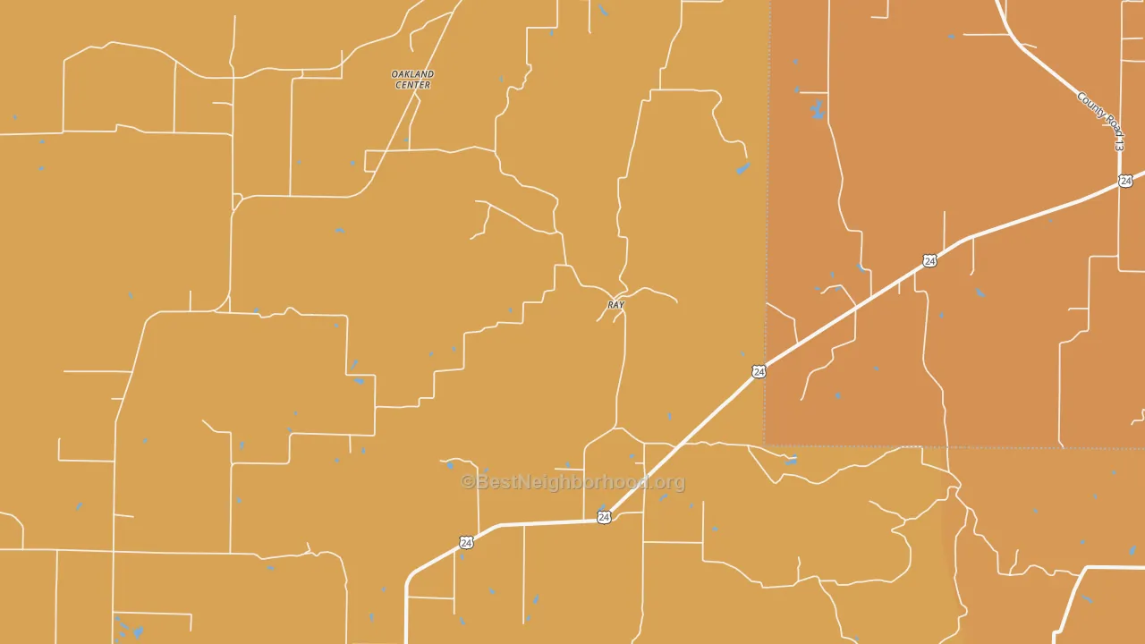 Map of the best neighborhoods in the Ray area, with better matches in green and worse matches in red