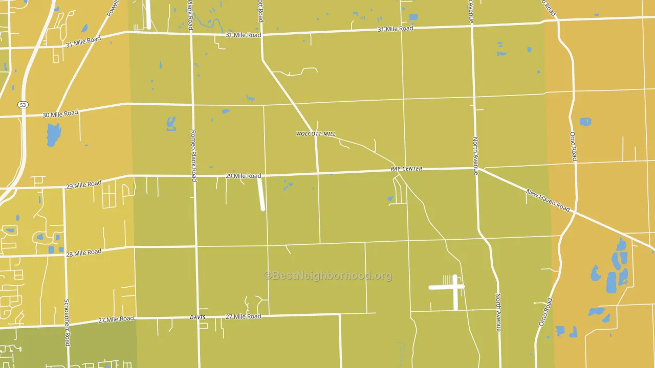 Map of the best neighborhoods in the Ray area, with better matches in green and worse matches in red