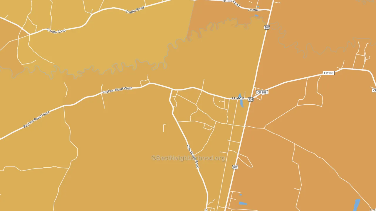 Map of the best neighborhoods in the Raybon area, with better matches in green and worse matches in red