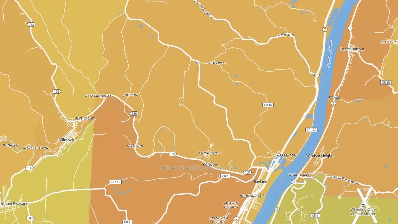 Map of the best neighborhoods in the Rayland area, with better matches in green and worse matches in red