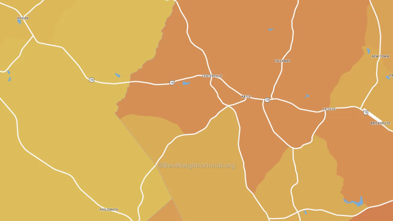 Map of the best neighborhoods in the Rayle area, with better matches in green and worse matches in red