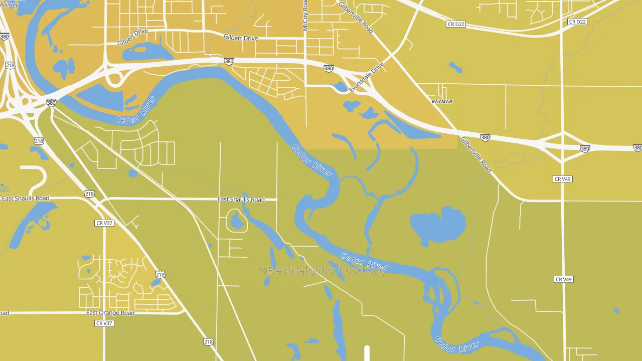 Map of the best neighborhoods in the Raymar area, with better matches in green and worse matches in red