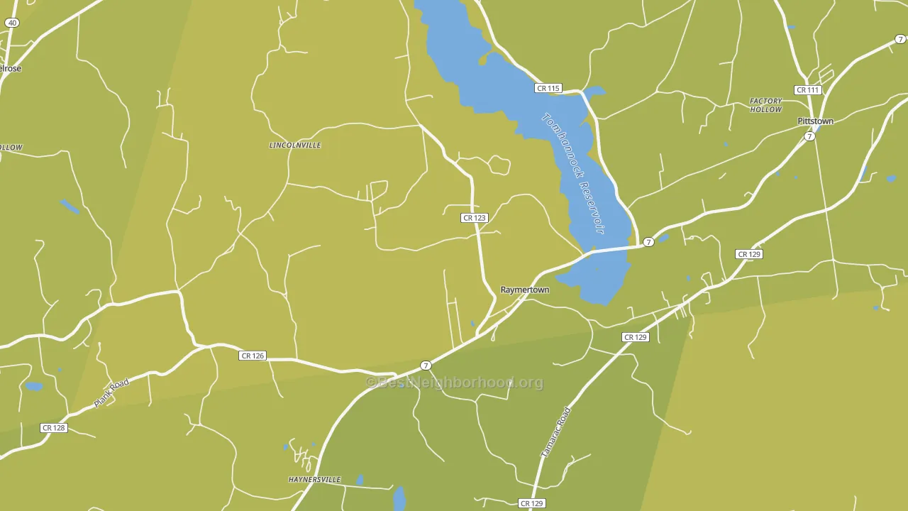 Map of the best neighborhoods in the Raymertown area, with better matches in green and worse matches in red