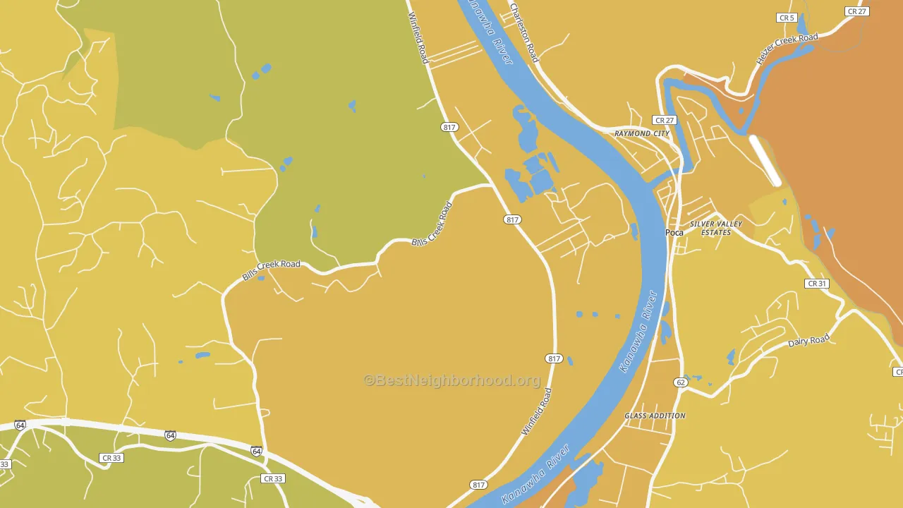 Map of the best neighborhoods in the Raymond City area, with better matches in green and worse matches in red