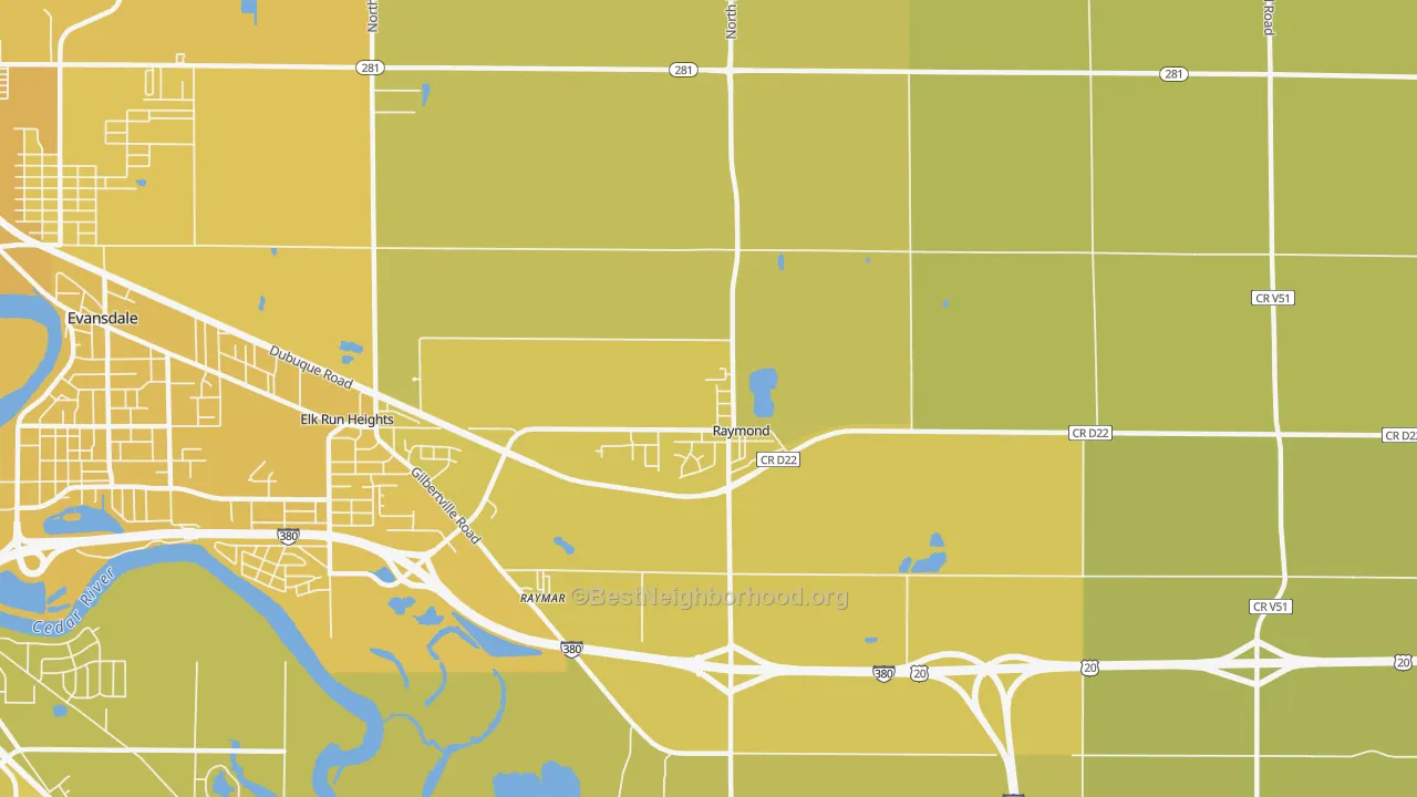 Map of the best neighborhoods in the Raymond area, with better matches in green and worse matches in red