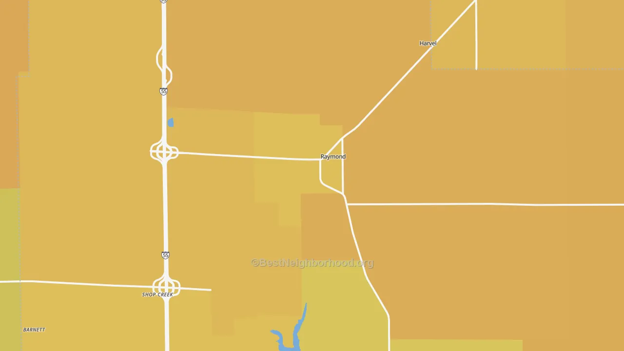 Map of the best neighborhoods in the Raymond area, with better matches in green and worse matches in red