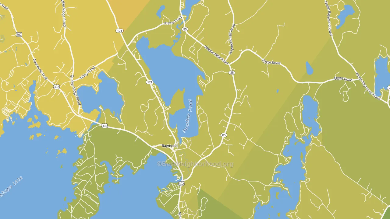 Map of the best neighborhoods in the Raymond area, with better matches in green and worse matches in red