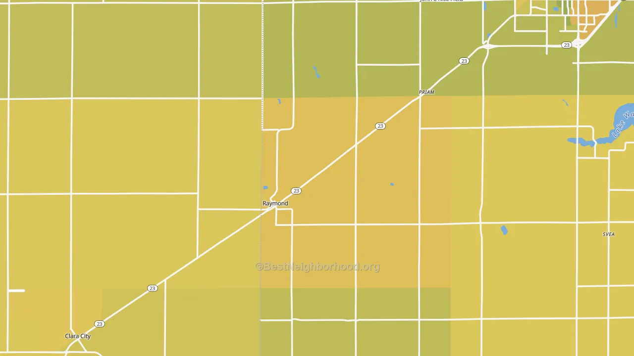 Map of the best neighborhoods in the Raymond area, with better matches in green and worse matches in red