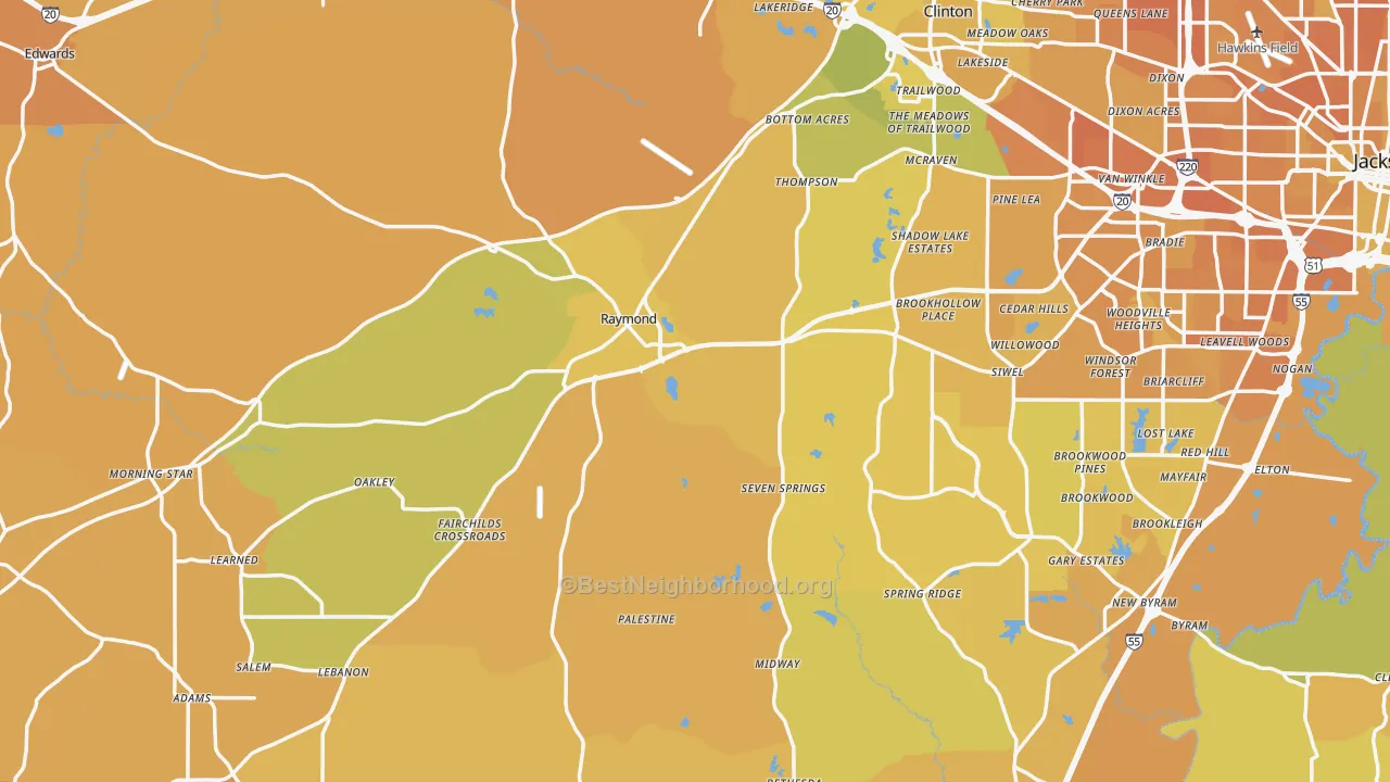 Map of the best neighborhoods in the Raymond area, with better matches in green and worse matches in red