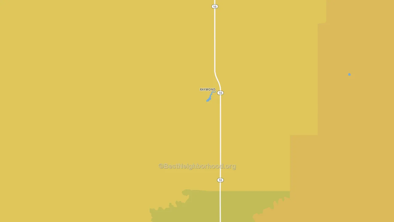 Map of the best neighborhoods in the Raymond area, with better matches in green and worse matches in red