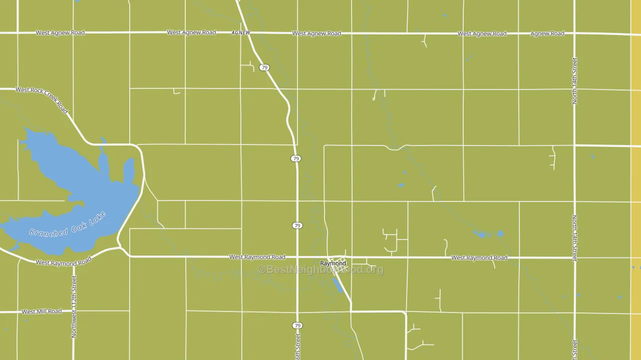 Map of the best neighborhoods in the Raymond area, with better matches in green and worse matches in red