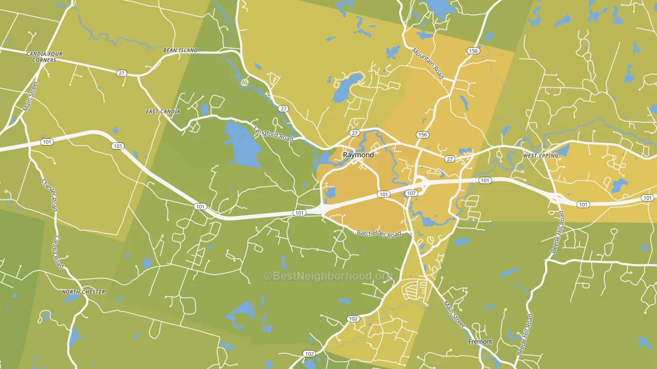Map of the best neighborhoods in the Raymond area, with better matches in green and worse matches in red