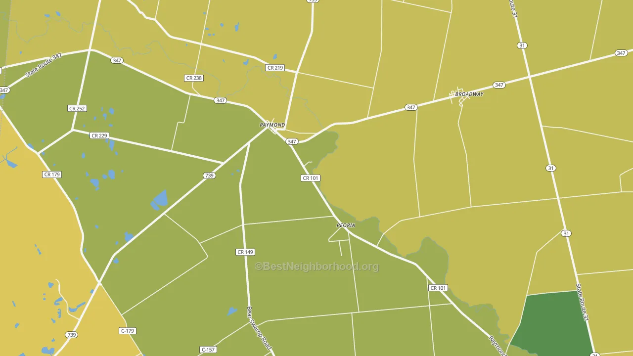 Map of the best neighborhoods in the Raymond area, with better matches in green and worse matches in red