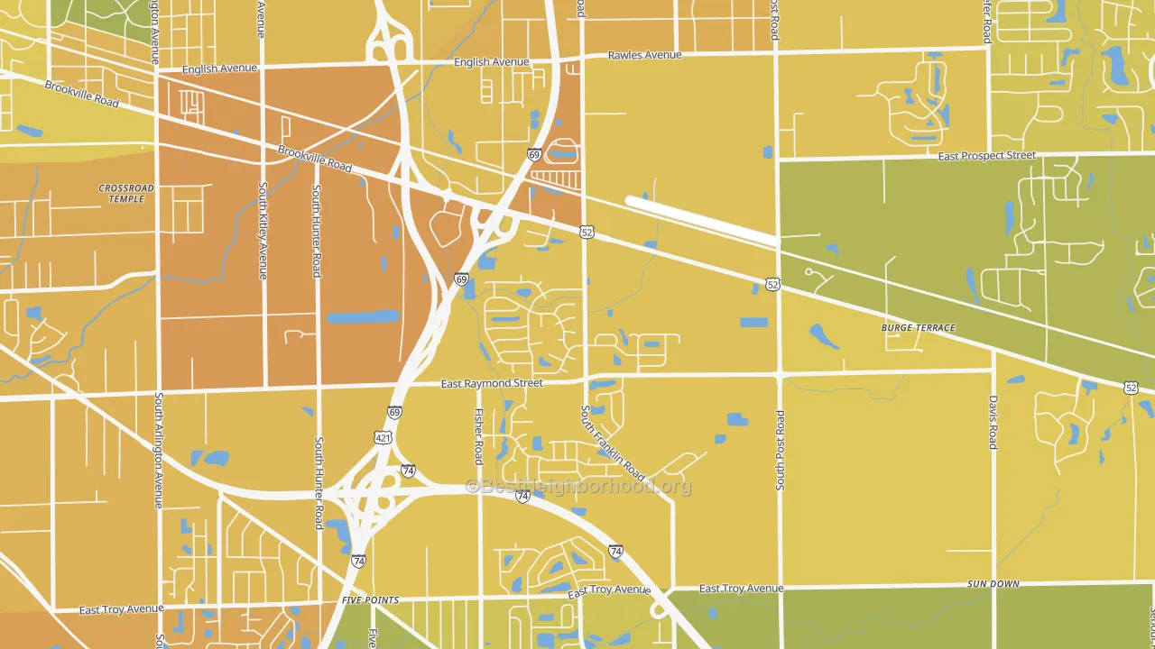 Map of the best neighborhoods in the Raymond Park, Indianapolis area, with better matches in green and worse matches in red