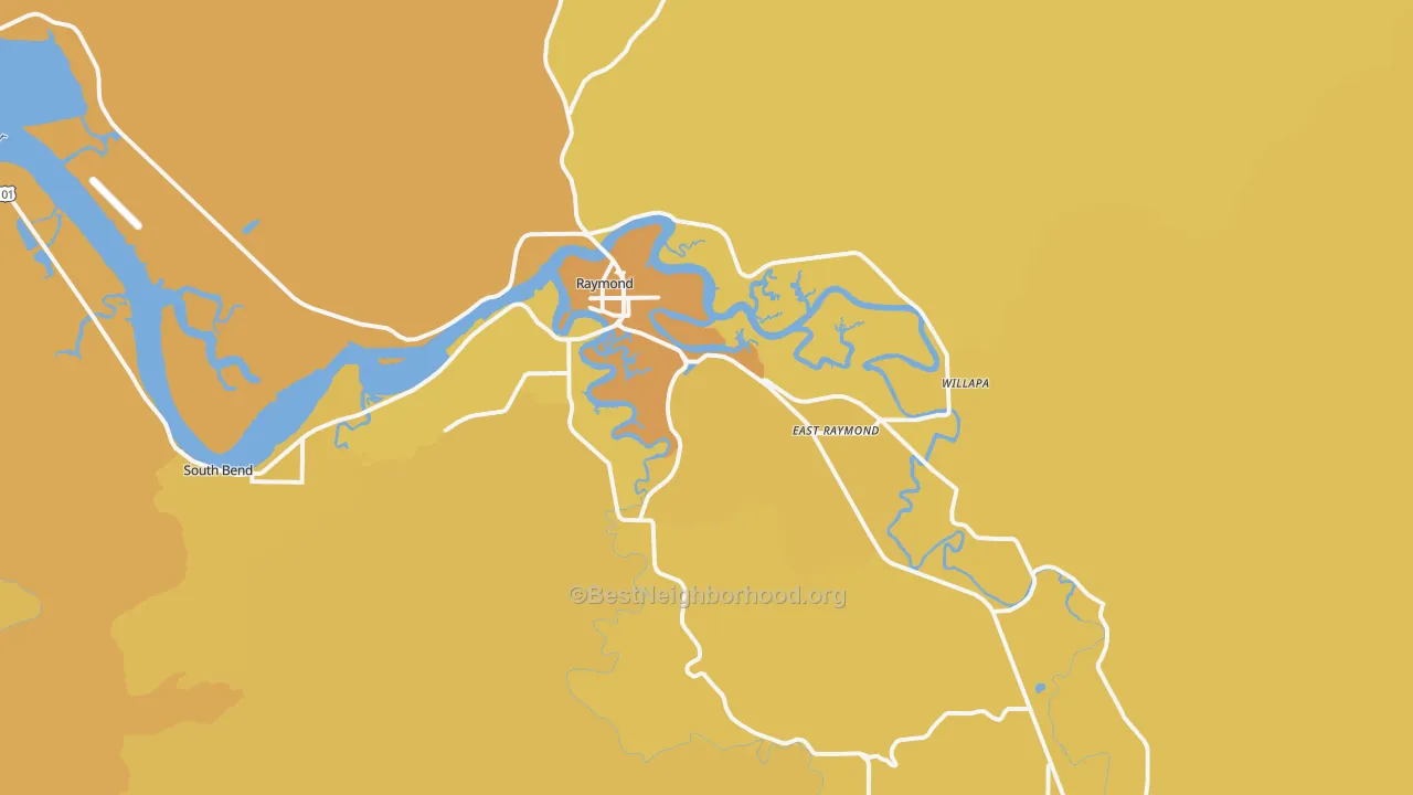 Map of the best neighborhoods in the Raymond area, with better matches in green and worse matches in red