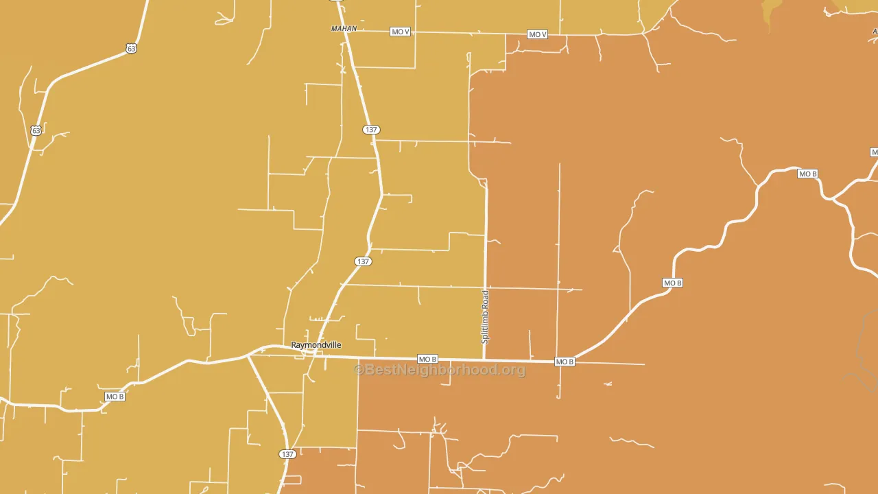 Map of the best neighborhoods in the Raymondville area, with better matches in green and worse matches in red