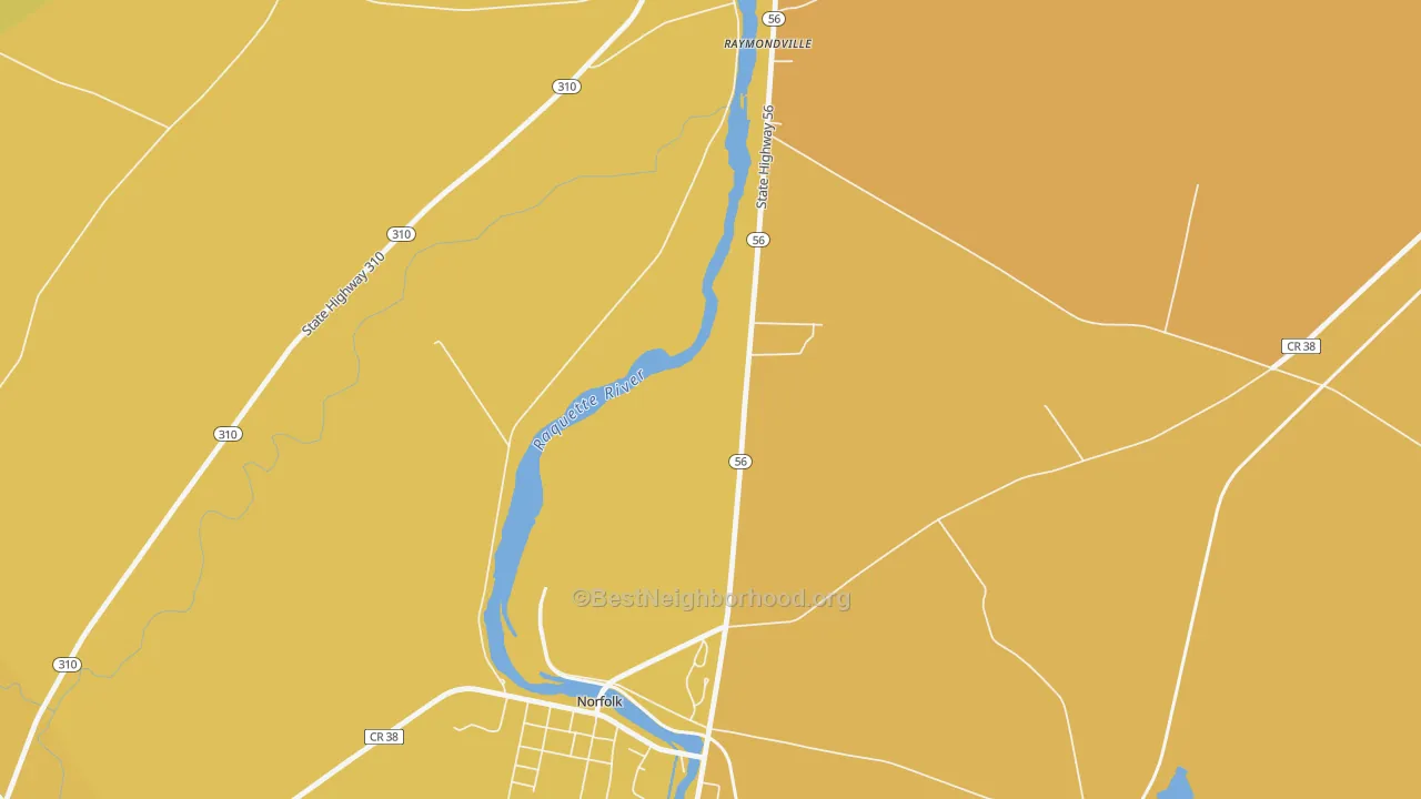 Map of the best neighborhoods in the Raymondville area, with better matches in green and worse matches in red