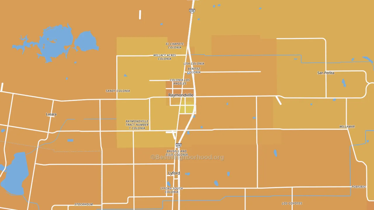 Map of the best neighborhoods in the Raymondville area, with better matches in green and worse matches in red