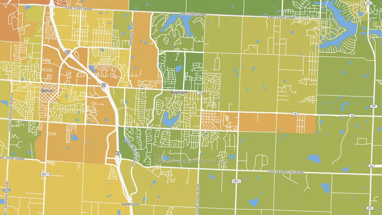 Map of the best neighborhoods in the Raymore area, with better matches in green and worse matches in red