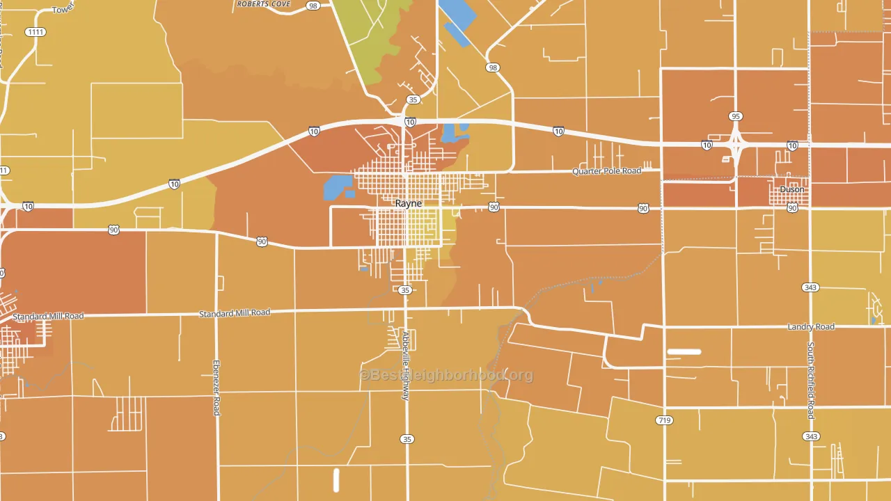 Map of the best neighborhoods in the Rayne area, with better matches in green and worse matches in red