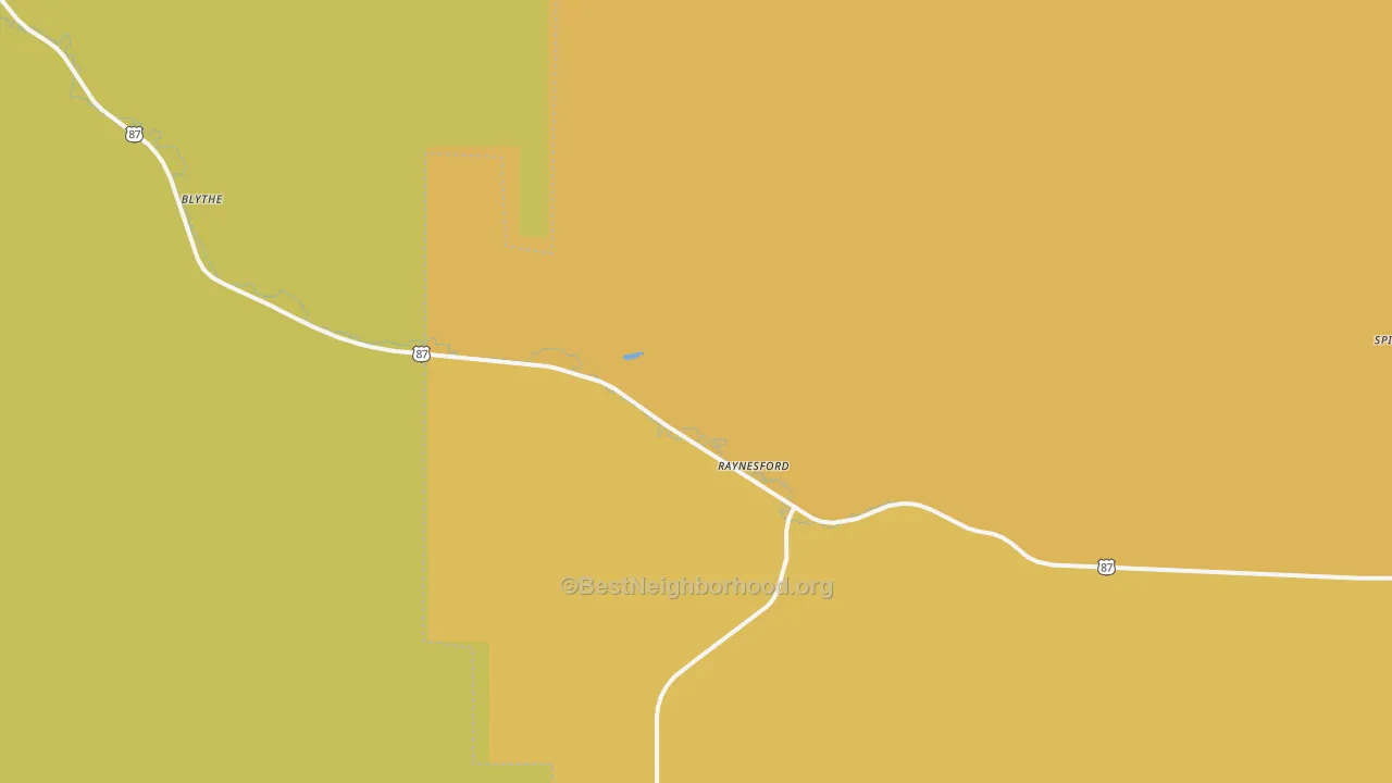 Map of the best neighborhoods in the Raynesford area, with better matches in green and worse matches in red