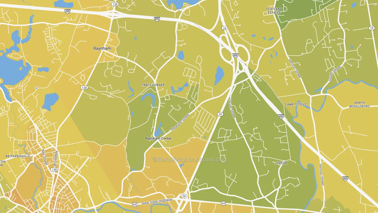 Map of the best neighborhoods in the Raynham area, with better matches in green and worse matches in red