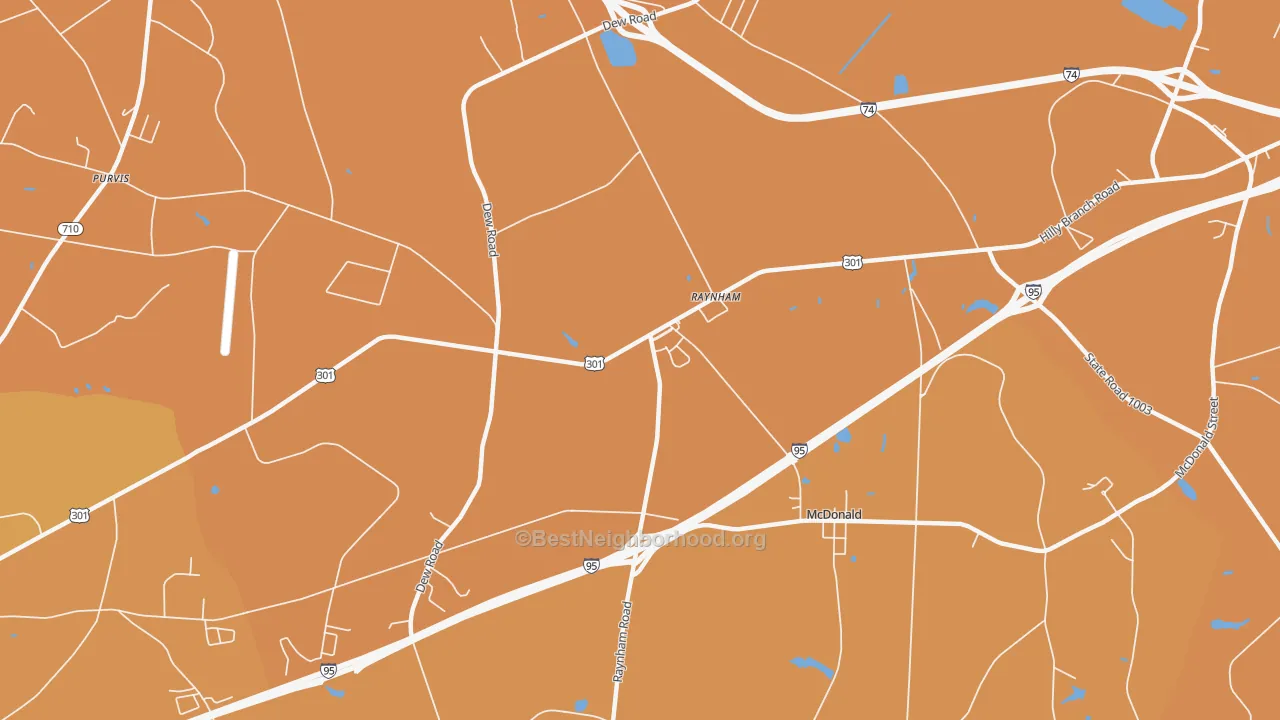 Map of the best neighborhoods in the Raynham area, with better matches in green and worse matches in red