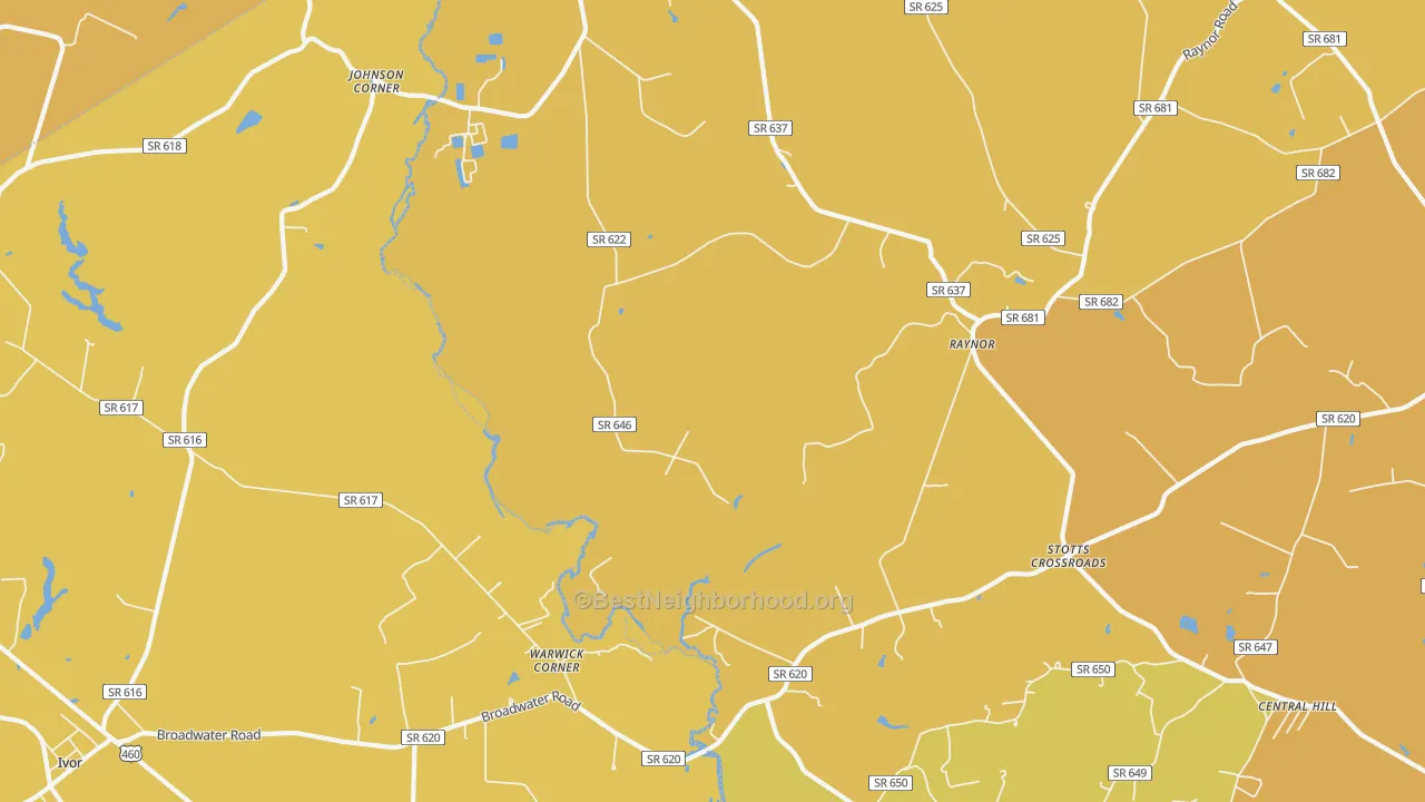 Map of the best neighborhoods in the Raynor area, with better matches in green and worse matches in red