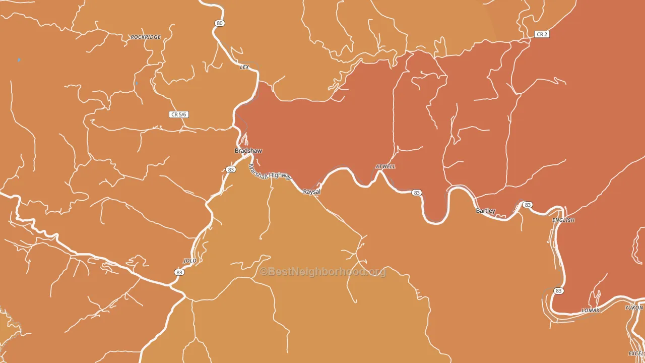 Map of the best neighborhoods in the Raysal area, with better matches in green and worse matches in red