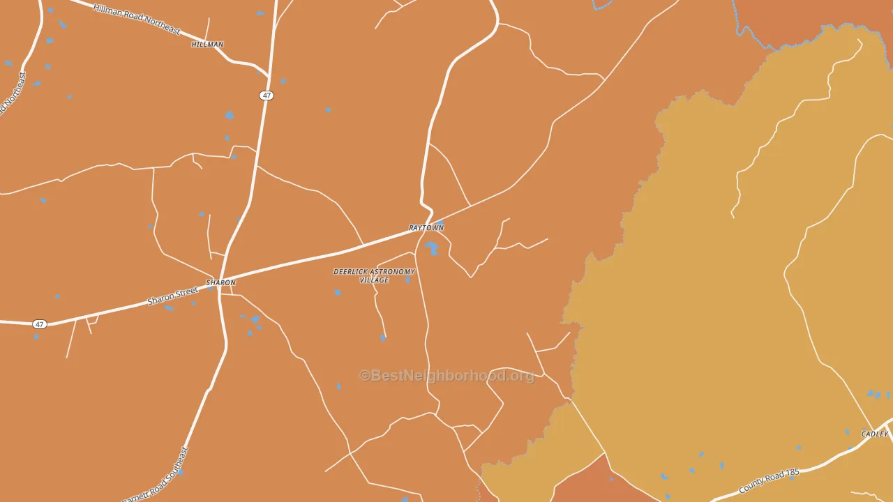 Map of the best neighborhoods in the Raytown area, with better matches in green and worse matches in red