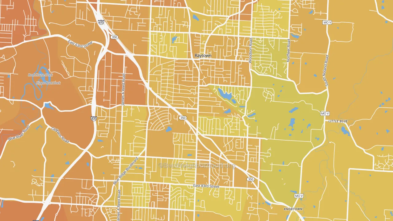 Map of the best neighborhoods in the Raytown area, with better matches in green and worse matches in red