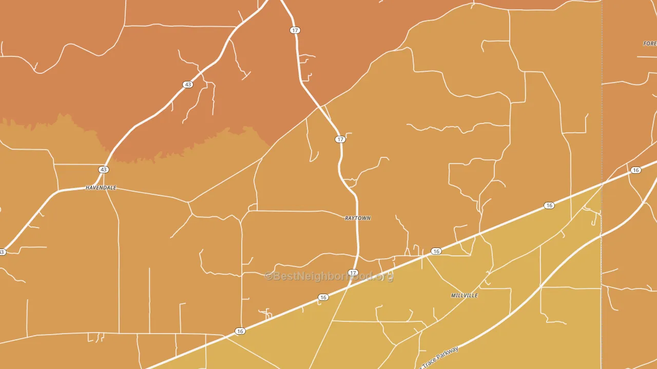 Map of the best neighborhoods in the Raytown area, with better matches in green and worse matches in red
