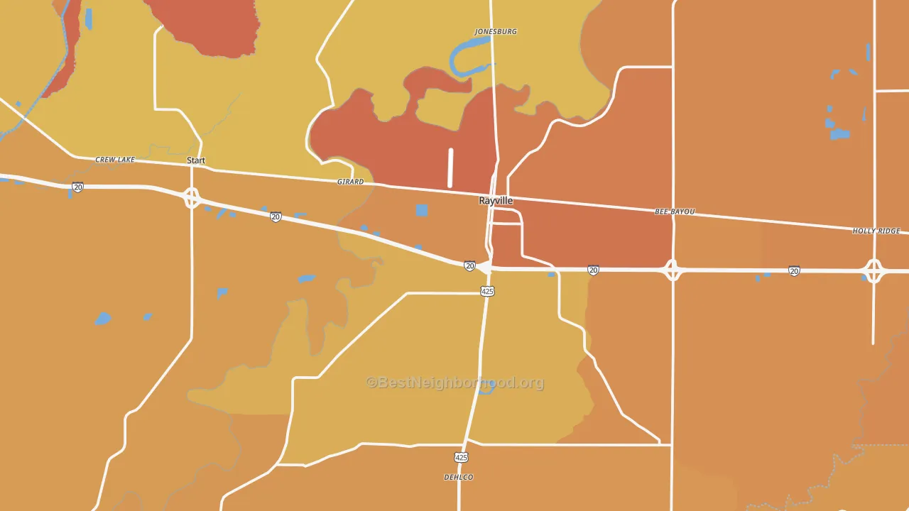 Map of the best neighborhoods in the Rayville area, with better matches in green and worse matches in red